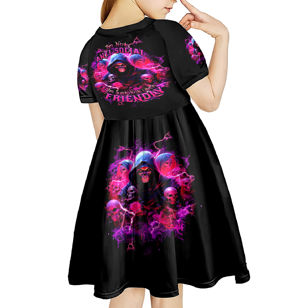 Witch Skull Kid Short Sleeve Dress I'm Not Anti-Social I'm Just Not User Friendly - Wonder Print Shop