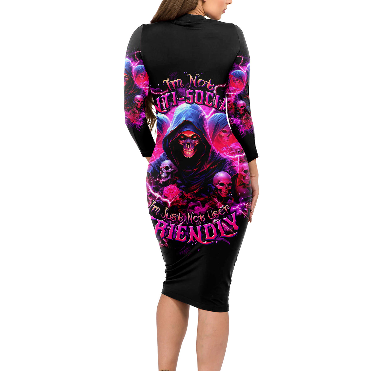 Witch Skull Long Sleeve Bodycon Dress I'm Not Anti-Social I'm Just Not User Friendly - Wonder Print Shop