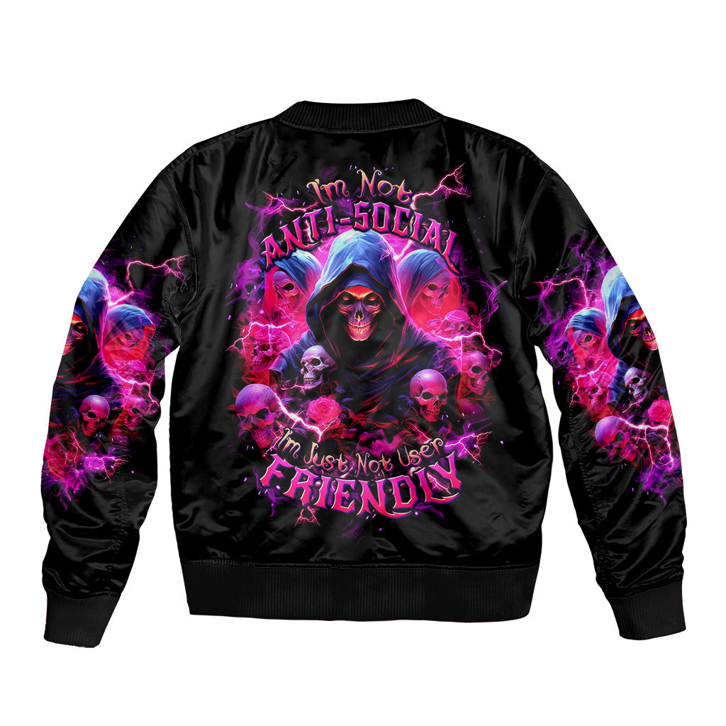 Witch Skull Sleeve Zip Bomber Jacket I'm Not Anti-Social I'm Just Not User Friendly - Wonder Print Shop