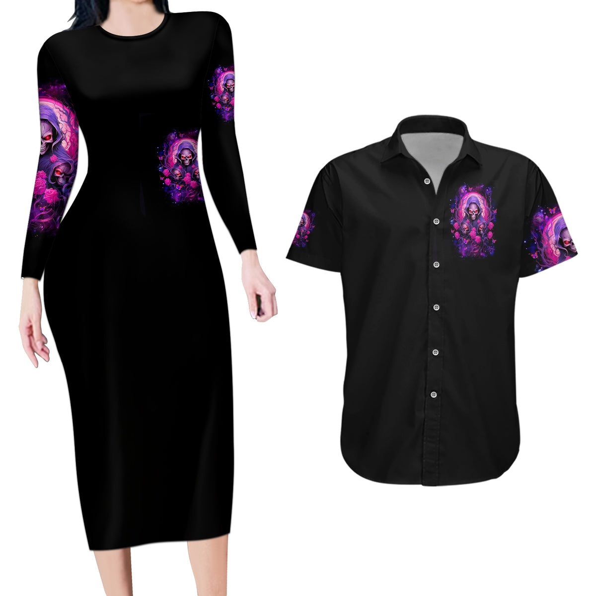 Rose Skull Couples Matching Long Sleeve Bodycon Dress and Hawaiian Shirt DILLIGAG - Wonder Print Shop