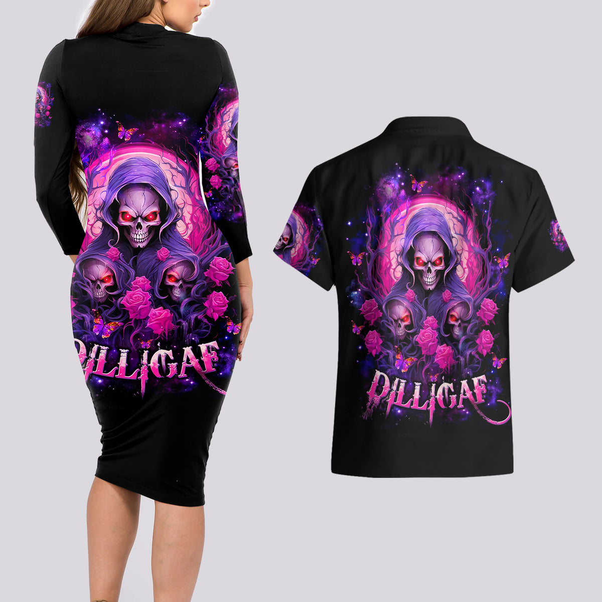 Rose Skull Couples Matching Long Sleeve Bodycon Dress and Hawaiian Shirt DILLIGAG - Wonder Print Shop
