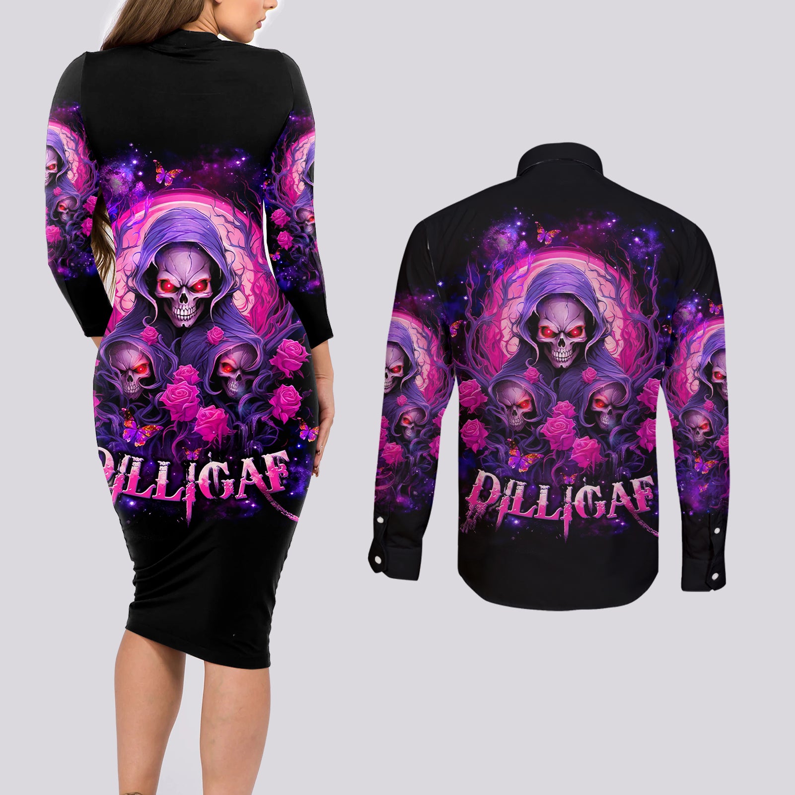 Rose Skull Couples Matching Long Sleeve Bodycon Dress and Long Sleeve Button Shirt DILLIGAG - Wonder Print Shop