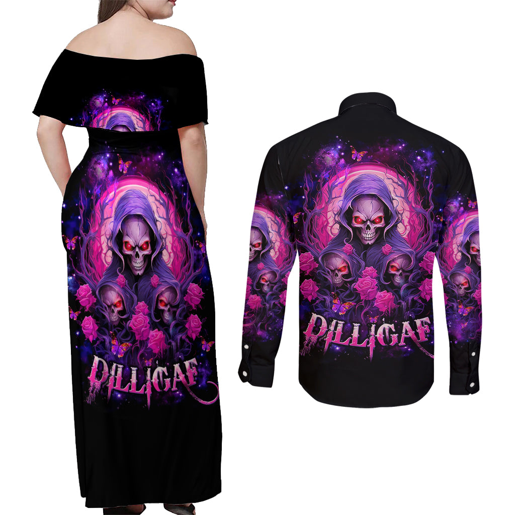 Rose Skull Couples Matching Off Shoulder Maxi Dress and Long Sleeve Button Shirt DILLIGAG - Wonder Print Shop
