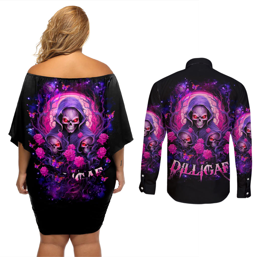 Rose Skull Couples Matching Off Shoulder Short Dress and Long Sleeve Button Shirt DILLIGAG - Wonder Print Shop