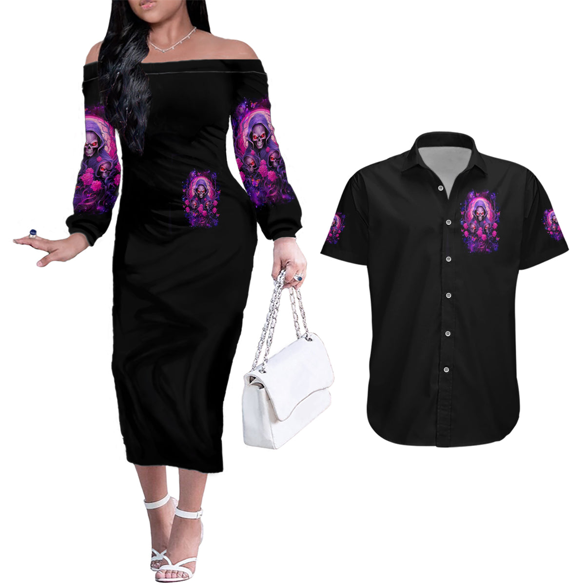 Rose Skull Couples Matching Off The Shoulder Long Sleeve Dress and Hawaiian Shirt DILLIGAG - Wonder Print Shop