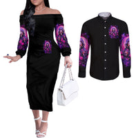 Rose Skull Couples Matching Off The Shoulder Long Sleeve Dress and Long Sleeve Button Shirt DILLIGAG