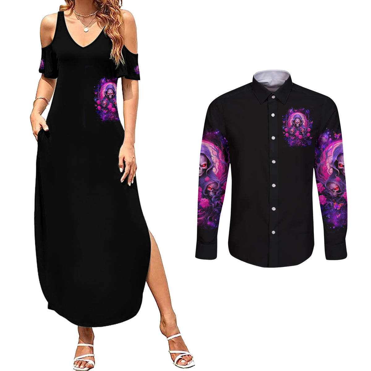 Rose Skull Couples Matching Summer Maxi Dress and Long Sleeve Button Shirt DILLIGAG - Wonder Print Shop