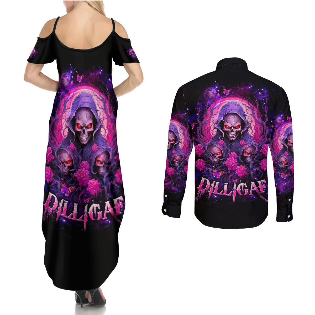 Rose Skull Couples Matching Summer Maxi Dress and Long Sleeve Button Shirt DILLIGAG - Wonder Print Shop