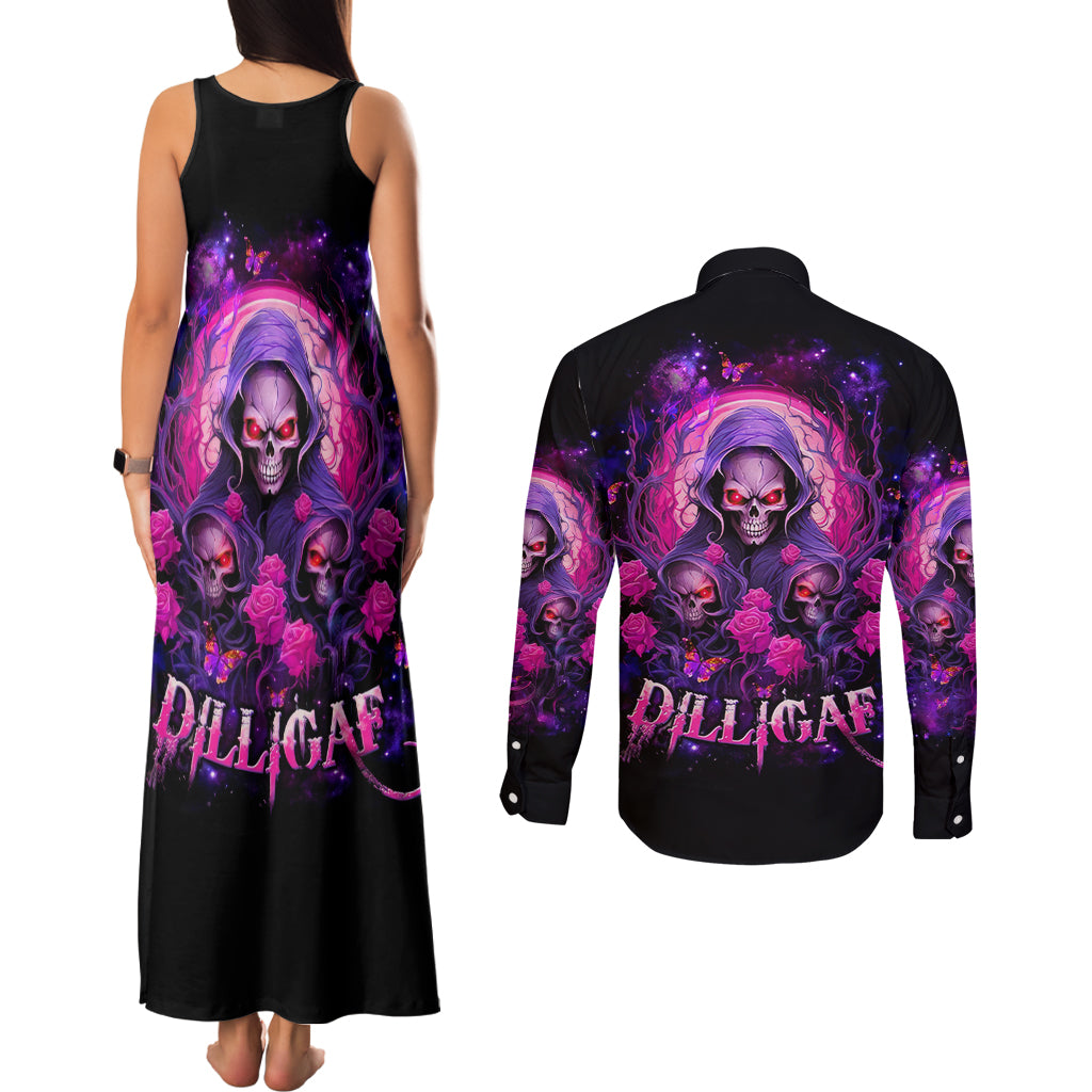 Rose Skull Couples Matching Tank Maxi Dress and Long Sleeve Button Shirt DILLIGAG - Wonder Print Shop
