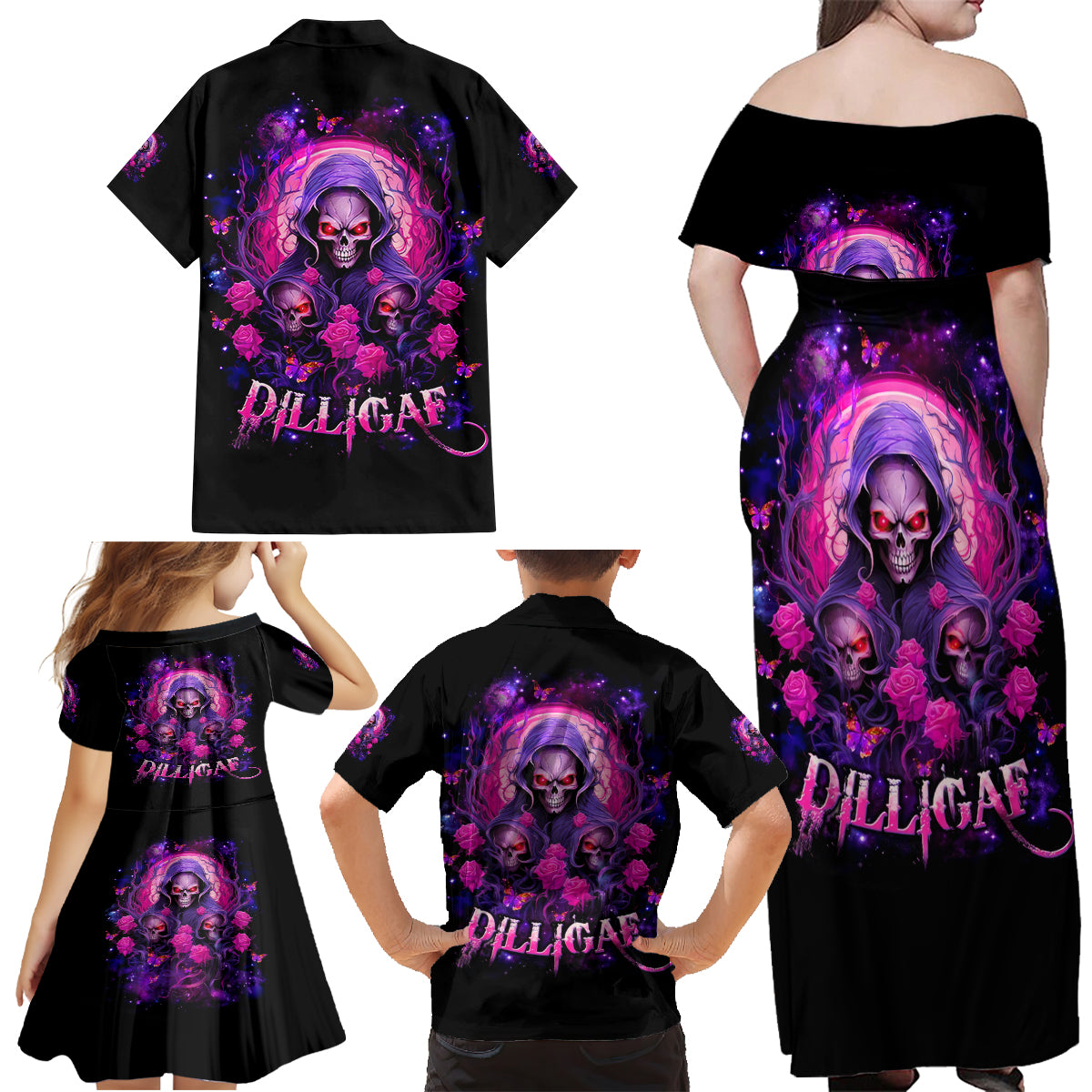 Rose Skull Family Matching Off Shoulder Maxi Dress and Hawaiian Shirt DILLIGAG - Wonder Print Shop