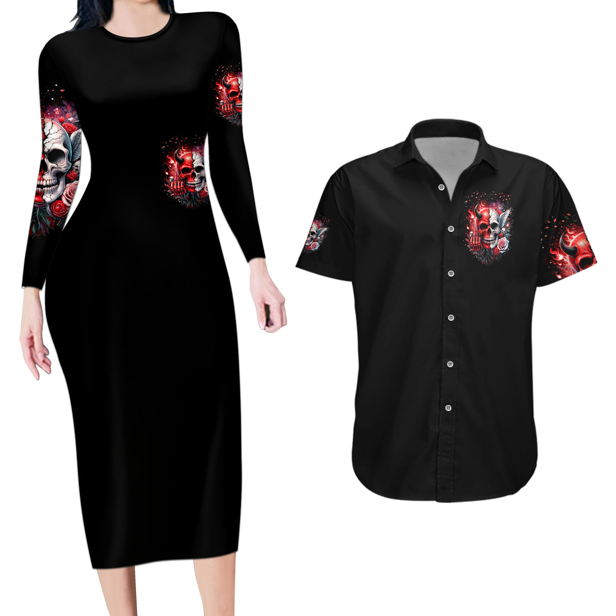 Evil Angel Skull Couples Matching Long Sleeve Bodycon Dress and Hawaiian Shirt Fuck It All And Let My Demons Out To Play - Wonder Print Shop