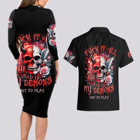 Evil Angel Skull Couples Matching Long Sleeve Bodycon Dress and Hawaiian Shirt Fuck It All And Let My Demons Out To Play - Wonder Print Shop