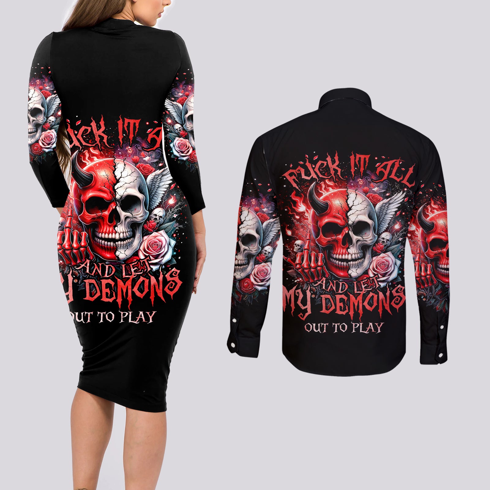 Evil Angel Skull Couples Matching Long Sleeve Bodycon Dress and Long Sleeve Button Shirt Fuck It All And Let My Demons Out To Play - Wonder Print Shop