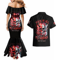 Evil Angel Skull Couples Matching Mermaid Dress and Hawaiian Shirt Fuck It All And Let My Demons Out To Play - Wonder Print Shop