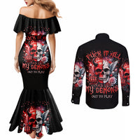 Evil Angel Skull Couples Matching Mermaid Dress and Long Sleeve Button Shirt Fuck It All And Let My Demons Out To Play