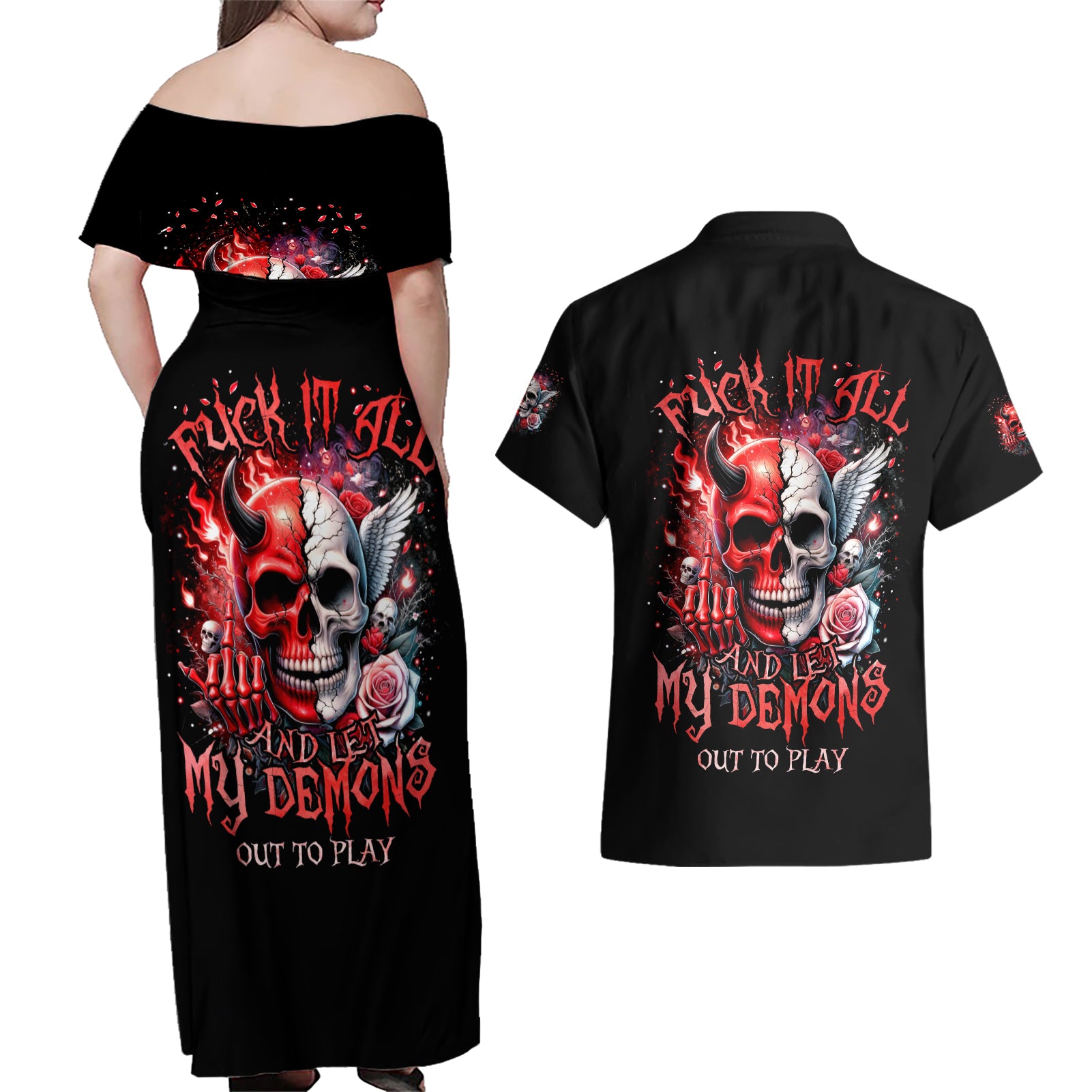 Evil Angel Skull Couples Matching Off Shoulder Maxi Dress and Hawaiian Shirt Fuck It All And Let My Demons Out To Play - Wonder Print Shop