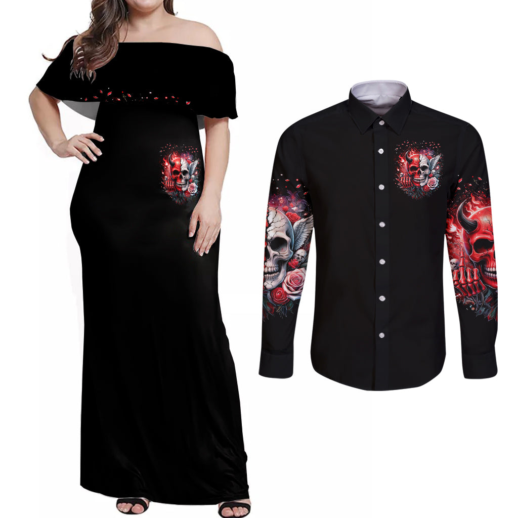 Evil Angel Skull Couples Matching Off Shoulder Maxi Dress and Long Sleeve Button Shirt Fuck It All And Let My Demons Out To Play - Wonder Print Shop