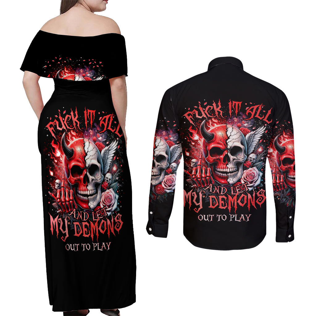 Evil Angel Skull Couples Matching Off Shoulder Maxi Dress and Long Sleeve Button Shirt Fuck It All And Let My Demons Out To Play - Wonder Print Shop