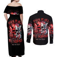 Evil Angel Skull Couples Matching Off Shoulder Maxi Dress and Long Sleeve Button Shirt Fuck It All And Let My Demons Out To Play - Wonder Print Shop