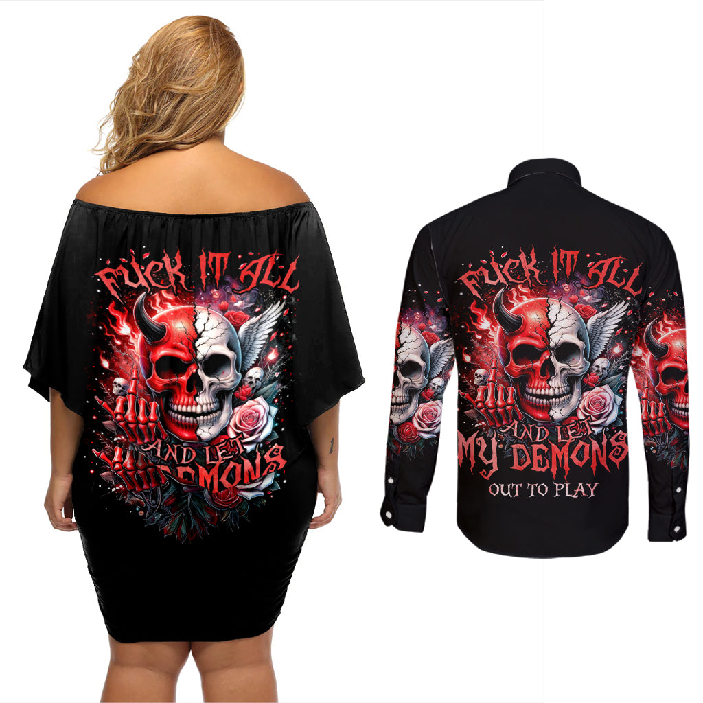 Evil Angel Skull Couples Matching Off Shoulder Short Dress and Long Sleeve Button Shirt Fuck It All And Let My Demons Out To Play - Wonder Print Shop