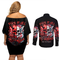 Evil Angel Skull Couples Matching Off Shoulder Short Dress and Long Sleeve Button Shirt Fuck It All And Let My Demons Out To Play - Wonder Print Shop