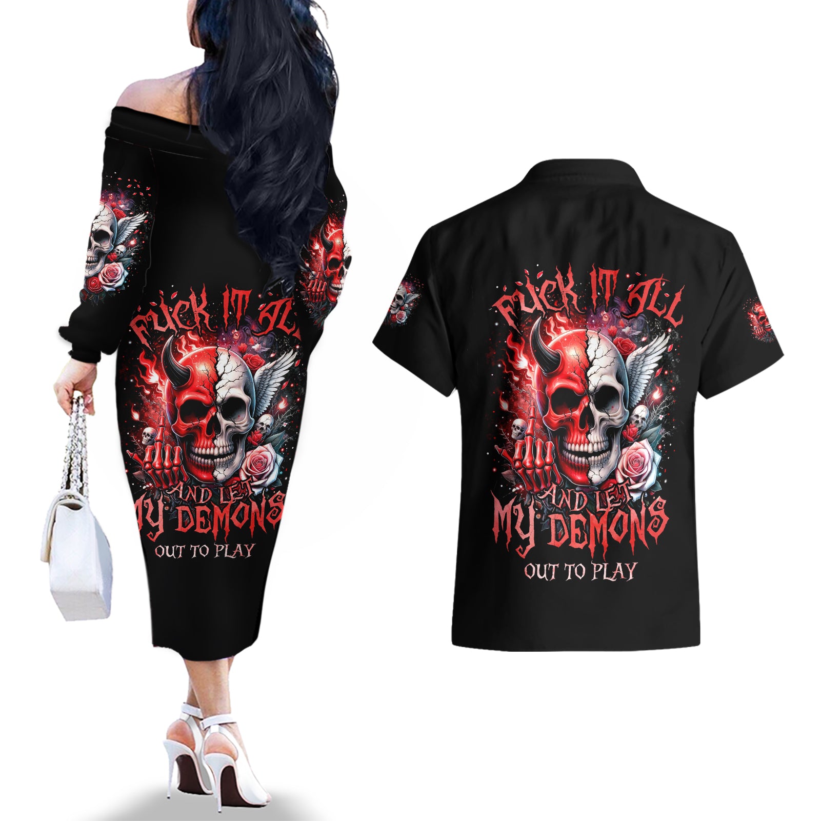 Evil Angel Skull Couples Matching Off The Shoulder Long Sleeve Dress and Hawaiian Shirt Fuck It All And Let My Demons Out To Play - Wonder Print Shop
