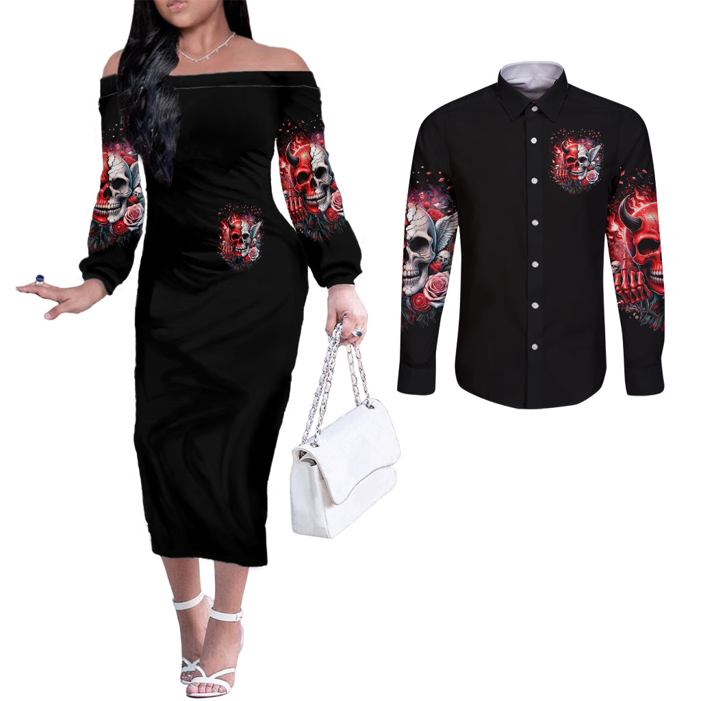 Evil Angel Skull Couples Matching Off The Shoulder Long Sleeve Dress and Long Sleeve Button Shirt Fuck It All And Let My Demons Out To Play