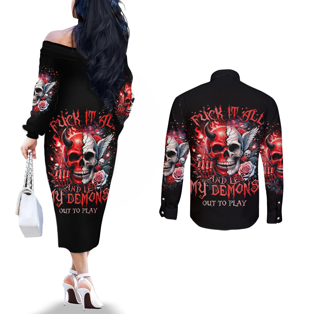 Evil Angel Skull Couples Matching Off The Shoulder Long Sleeve Dress and Long Sleeve Button Shirt Fuck It All And Let My Demons Out To Play