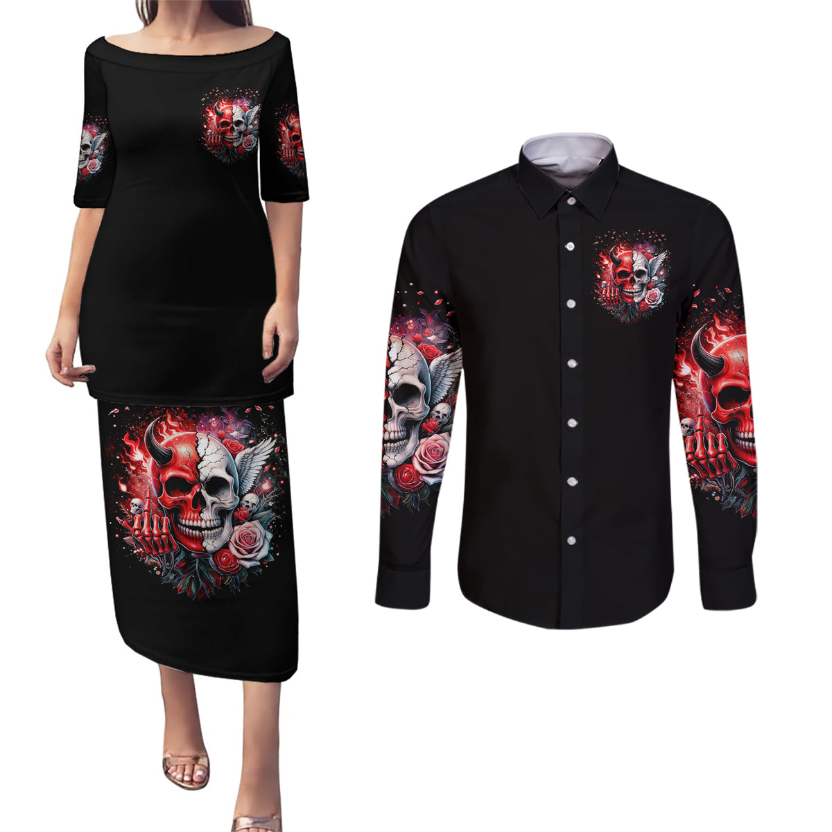 Evil Angel Skull Couples Matching Puletasi and Long Sleeve Button Shirt Fuck It All And Let My Demons Out To Play - Wonder Print Shop