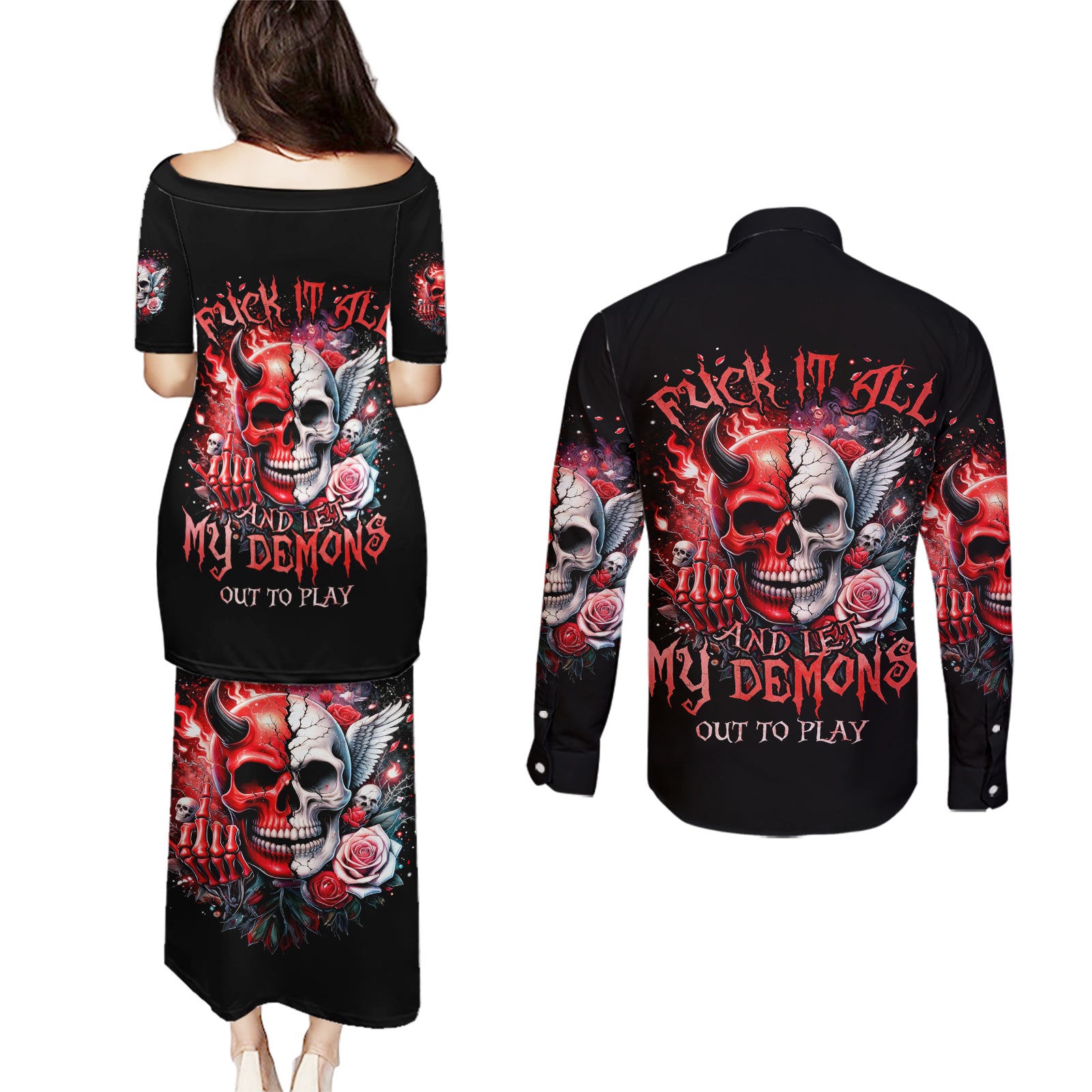Evil Angel Skull Couples Matching Puletasi and Long Sleeve Button Shirt Fuck It All And Let My Demons Out To Play - Wonder Print Shop