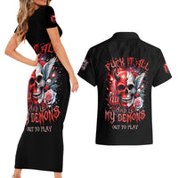 Evil Angel Skull Couples Matching Short Sleeve Bodycon Dress and Hawaiian Shirt Fuck It All And Let My Demons Out To Play - Wonder Print Shop