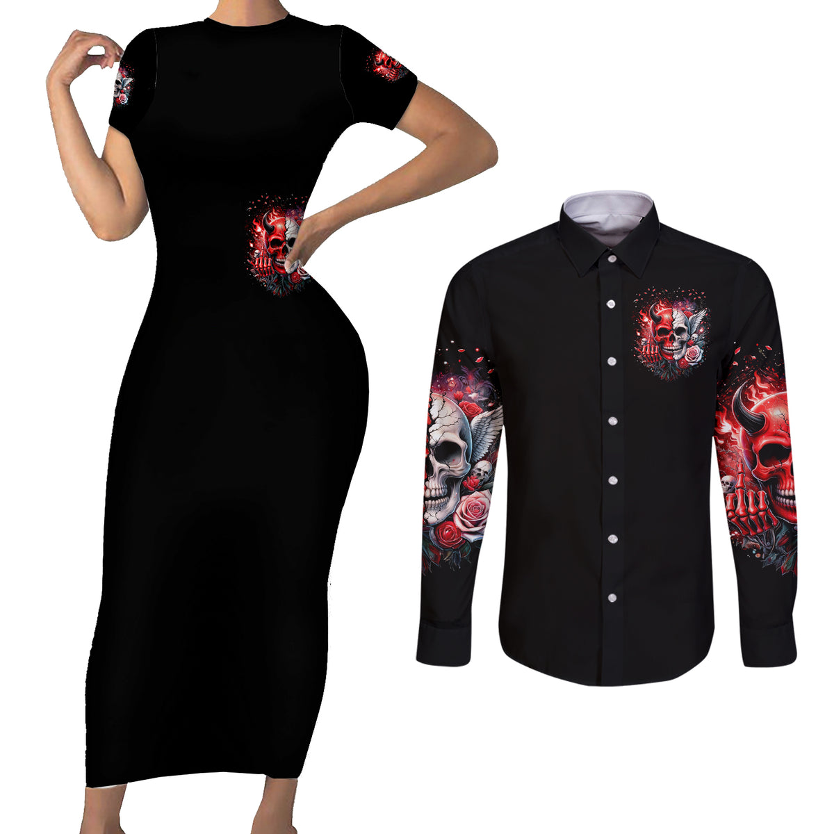 Evil Angel Skull Couples Matching Short Sleeve Bodycon Dress and Long Sleeve Button Shirt Fuck It All And Let My Demons Out To Play - Wonder Print Shop