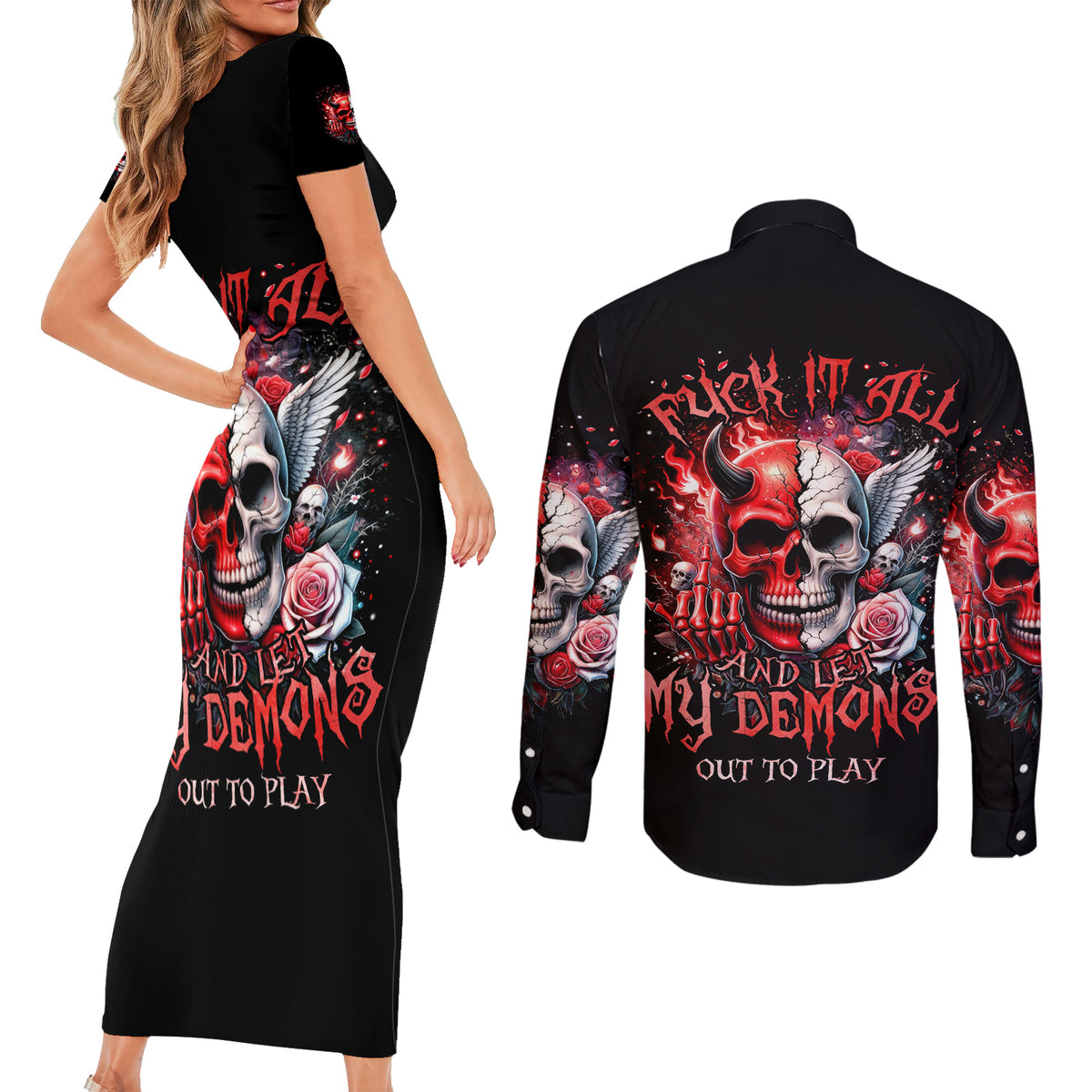 Evil Angel Skull Couples Matching Short Sleeve Bodycon Dress and Long Sleeve Button Shirt Fuck It All And Let My Demons Out To Play - Wonder Print Shop