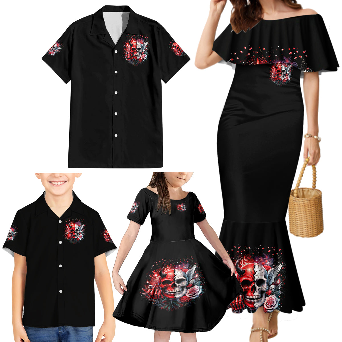 Evil Angel Skull Family Matching Mermaid Dress and Hawaiian Shirt Fuck It All And Let My Demons Out To Play - Wonder Print Shop