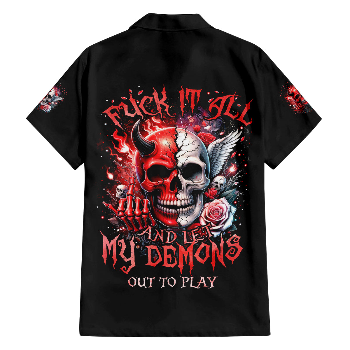 Evil Angel Skull Family Matching Off Shoulder Long Sleeve Dress and Hawaiian Shirt Fuck It All And Let My Demons Out To Play - Wonder Print Shop