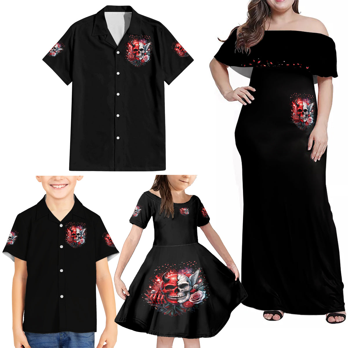 Evil Angel Skull Family Matching Off Shoulder Maxi Dress and Hawaiian Shirt Fuck It All And Let My Demons Out To Play - Wonder Print Shop