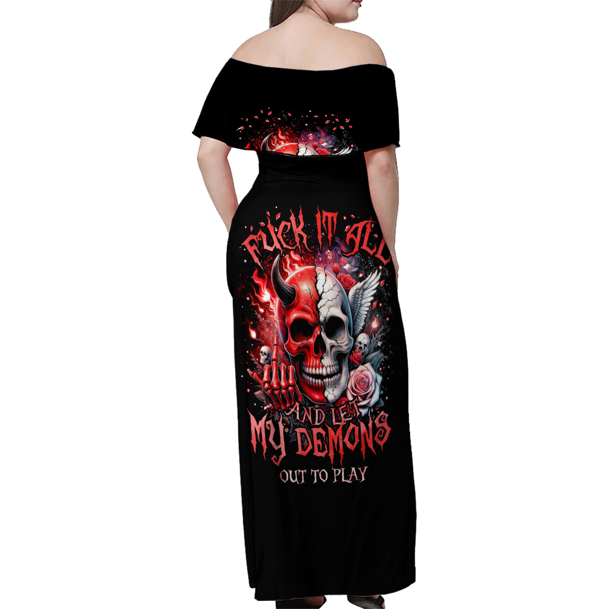 Evil Angel Skull Family Matching Off Shoulder Maxi Dress and Hawaiian Shirt Fuck It All And Let My Demons Out To Play - Wonder Print Shop