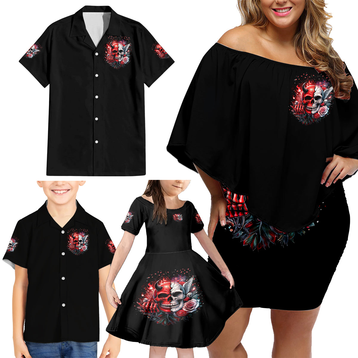Evil Angel Skull Family Matching Off Shoulder Short Dress and Hawaiian Shirt Fuck It All And Let My Demons Out To Play - Wonder Print Shop