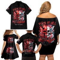 Evil Angel Skull Family Matching Off Shoulder Short Dress and Hawaiian Shirt Fuck It All And Let My Demons Out To Play - Wonder Print Shop