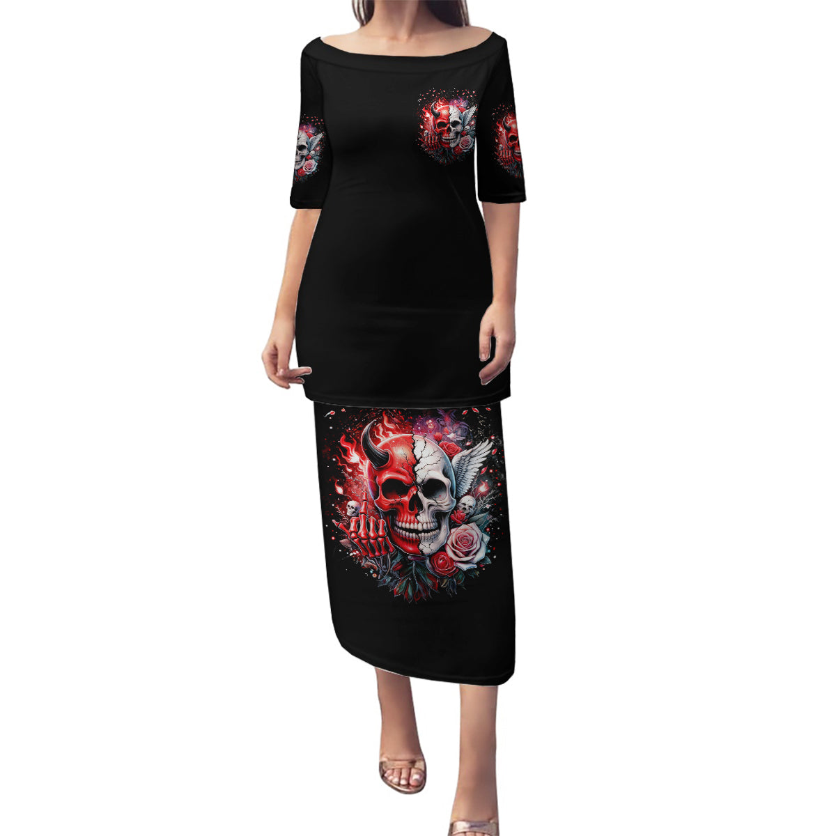 Evil Angel Skull Family Matching Puletasi and Hawaiian Shirt Fuck It All And Let My Demons Out To Play - Wonder Print Shop