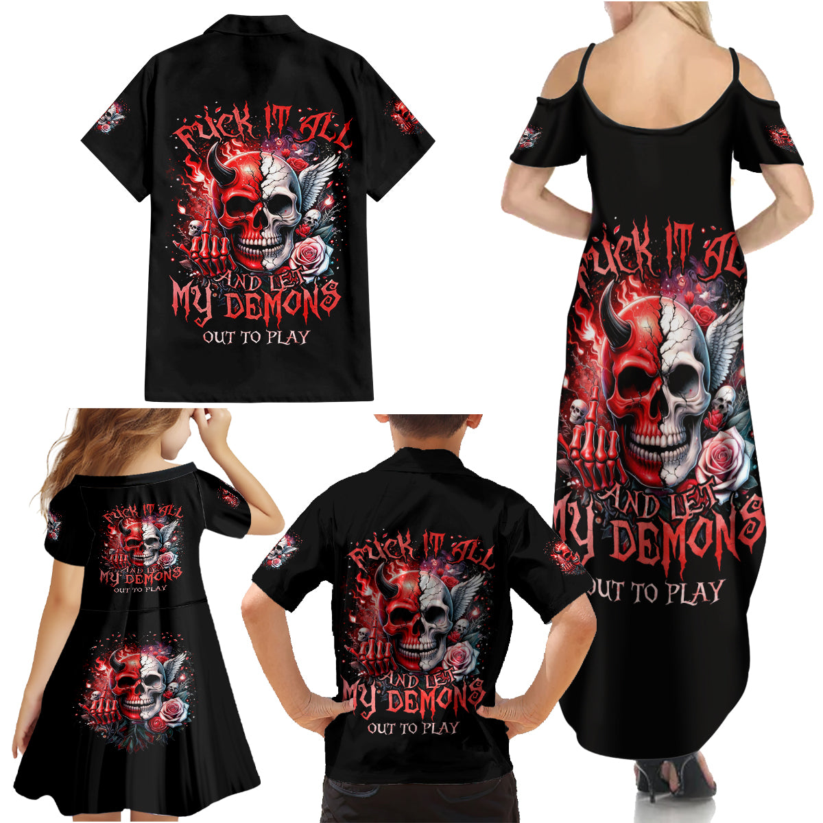 Evil Angel Skull Family Matching Summer Maxi Dress and Hawaiian Shirt Fuck It All And Let My Demons Out To Play - Wonder Print Shop