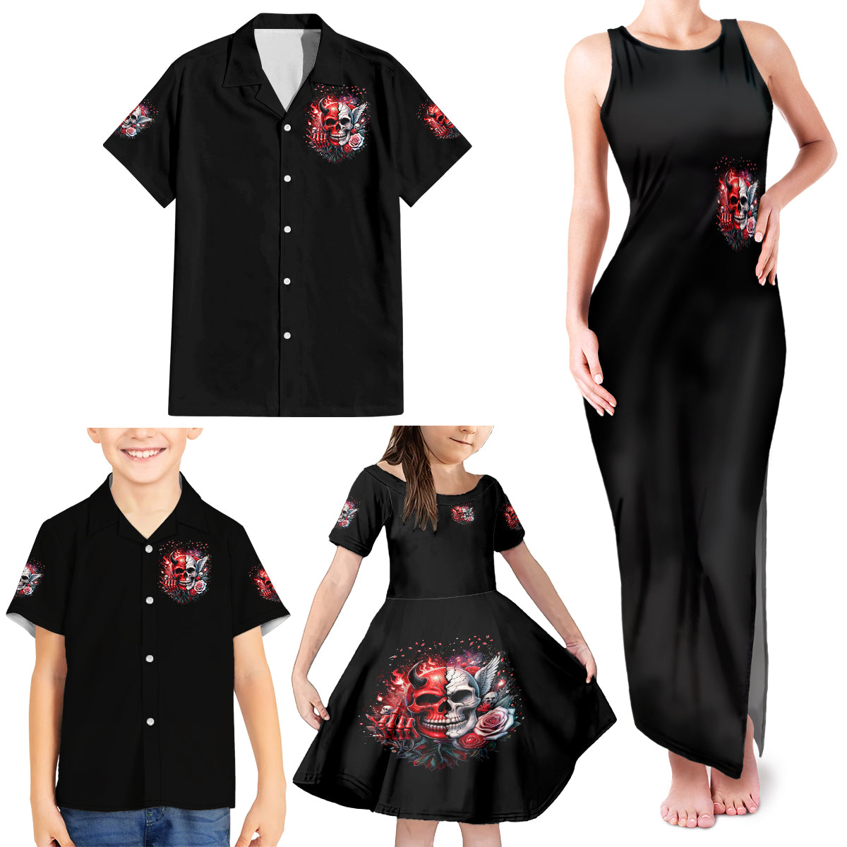 Evil Angel Skull Family Matching Tank Maxi Dress and Hawaiian Shirt Fuck It All And Let My Demons Out To Play - Wonder Print Shop