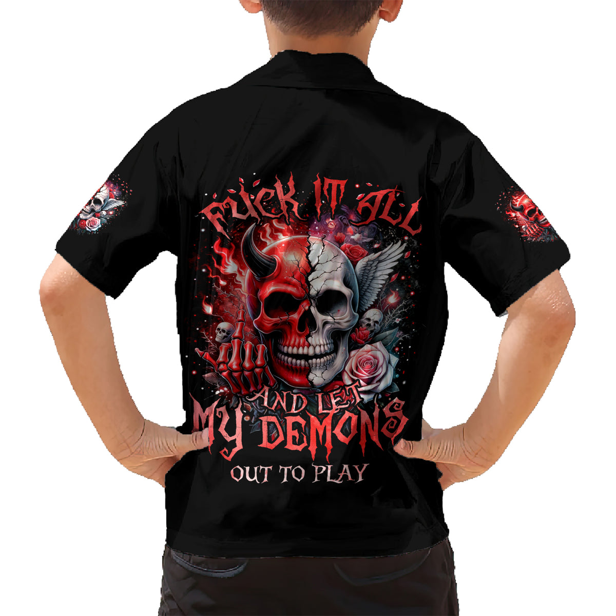 Evil Angel Skull Kid Hawaiian Shirt Fuck It All And Let My Demons Out To Play - Wonder Print Shop