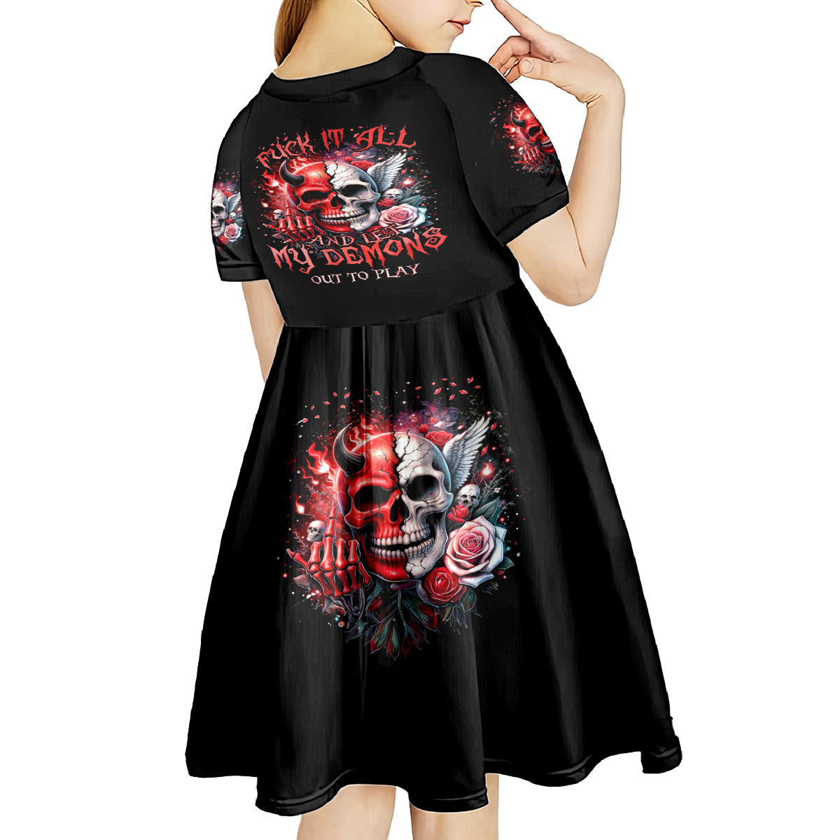 Evil Angel Skull Kid Short Sleeve Dress Fuck It All And Let My Demons Out To Play - Wonder Print Shop