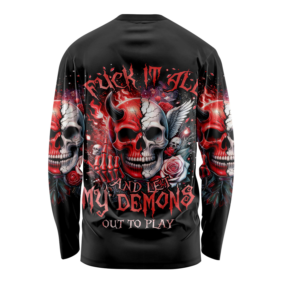 Evil Angel Skull Long Sleeve Shirt Fuck It All And Let My Demons Out To Play - Wonder Print Shop