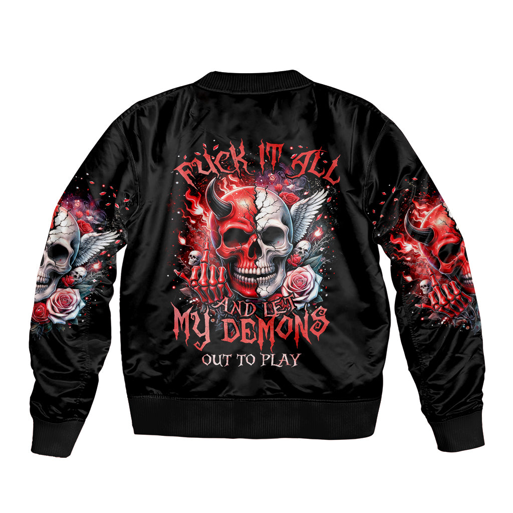 Evil Angel Skull Sleeve Zip Bomber Jacket Fuck It All And Let My Demons Out To Play - Wonder Print Shop