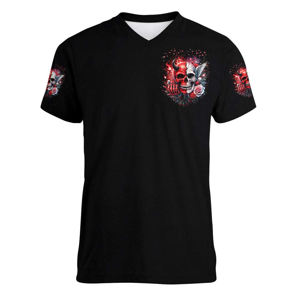 Evil Angel Skull Women V Neck T Shirt Fuck It All And Let My Demons Out To Play - Wonder Print Shop