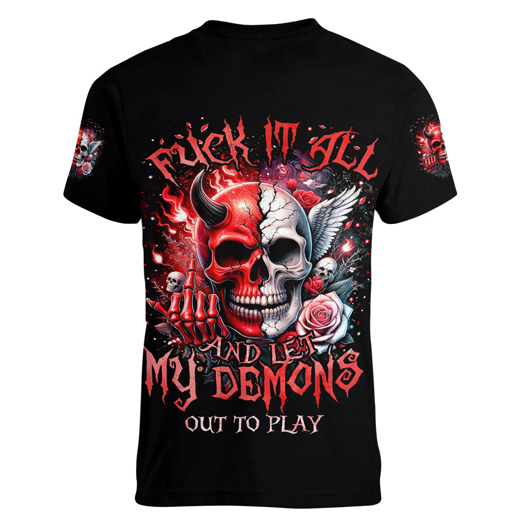 Evil Angel Skull Women V Neck T Shirt Fuck It All And Let My Demons Out To Play - Wonder Print Shop