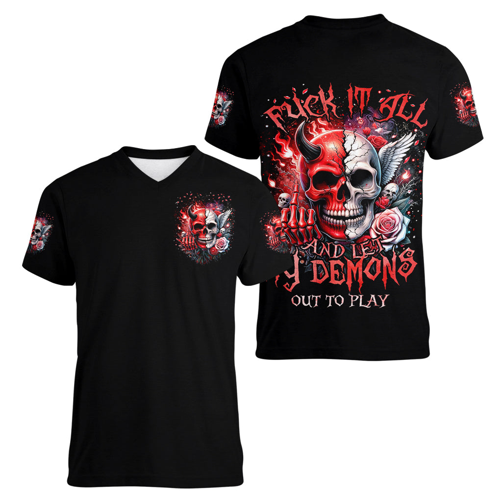 Evil Angel Skull Women V Neck T Shirt Fuck It All And Let My Demons Out To Play - Wonder Print Shop