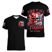 Evil Angel Skull Women V Neck T Shirt Fuck It All And Let My Demons Out To Play - Wonder Print Shop